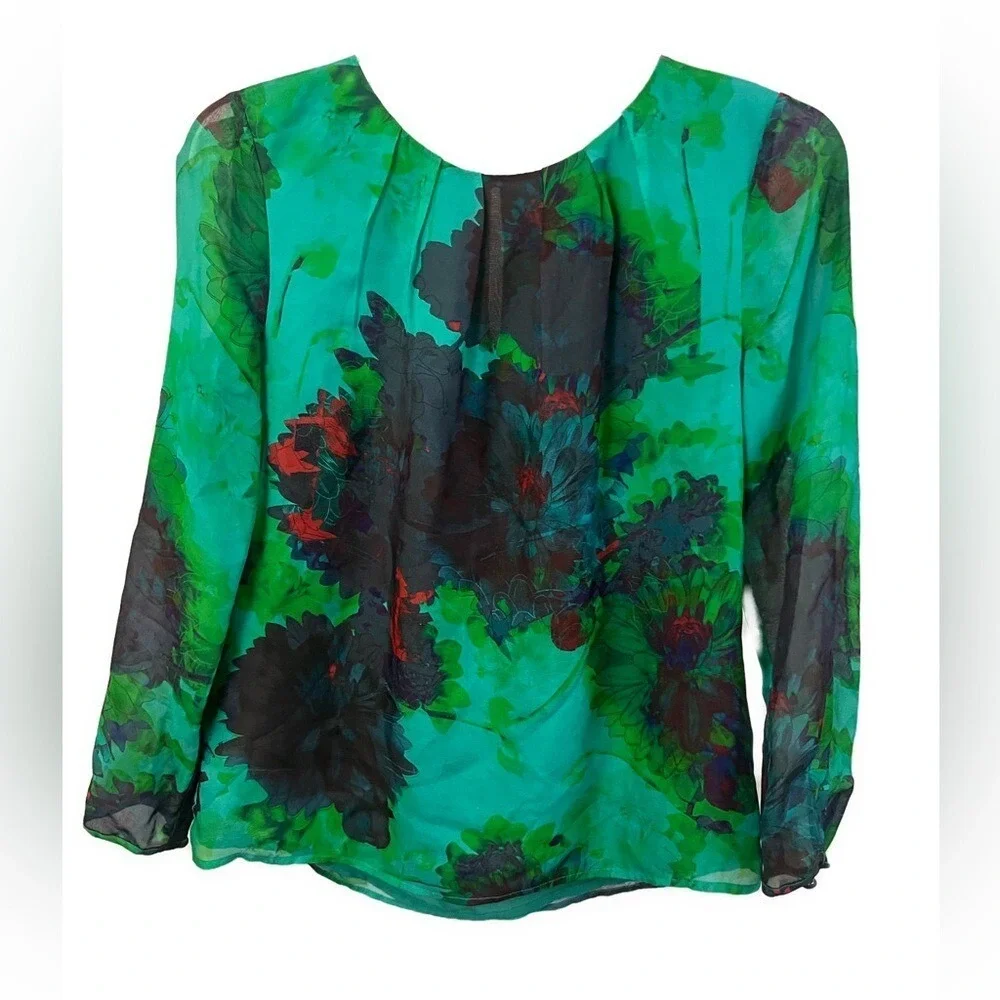 J. Crew Women's 100% Silk Watercolor Long Sleeve Multicolor Blouse- Size 0‎